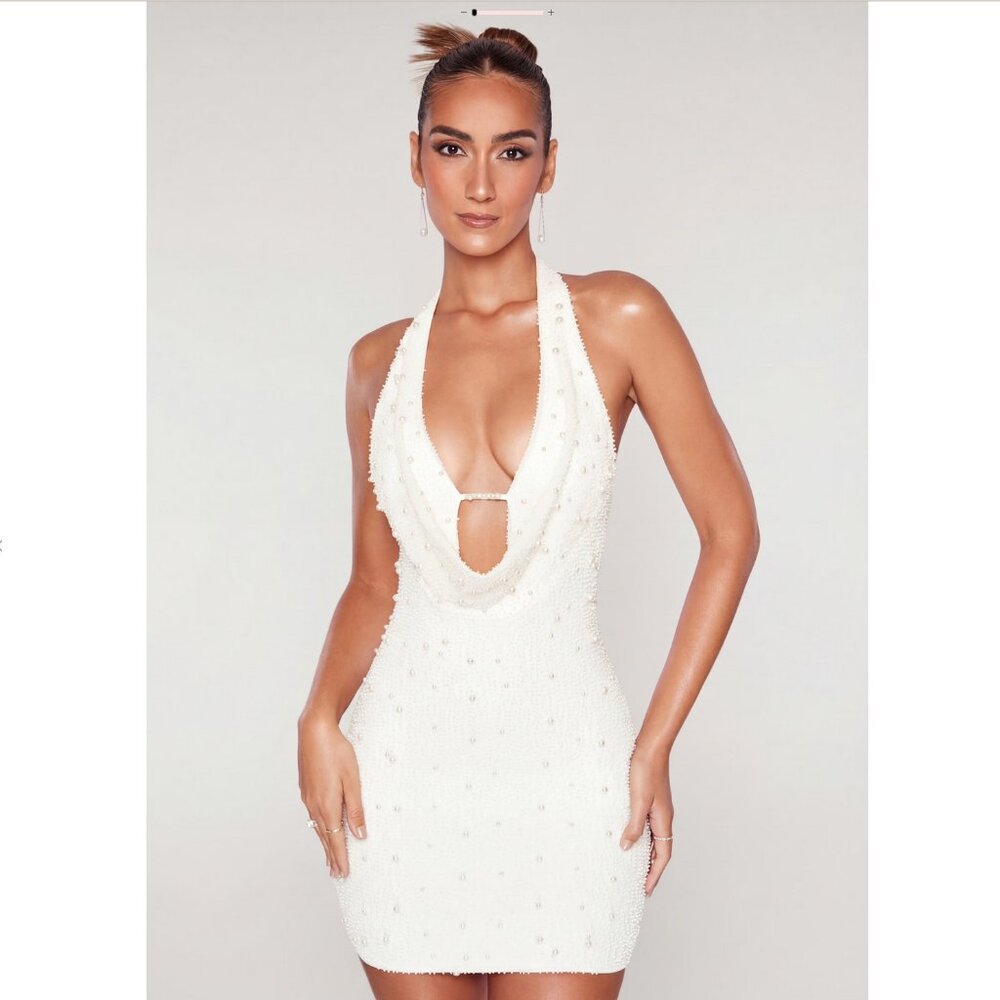 Versailles Embellished Halter Mini Dress | Ivory | Size US 4 UK 8
